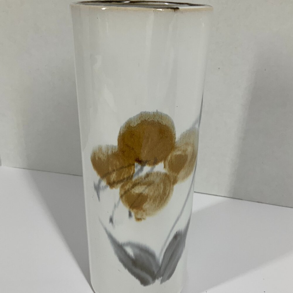 Gold Trim MCM Vase 50s 60s Hand Painted Brush Strokes Abstract Cylinder Vase 8"